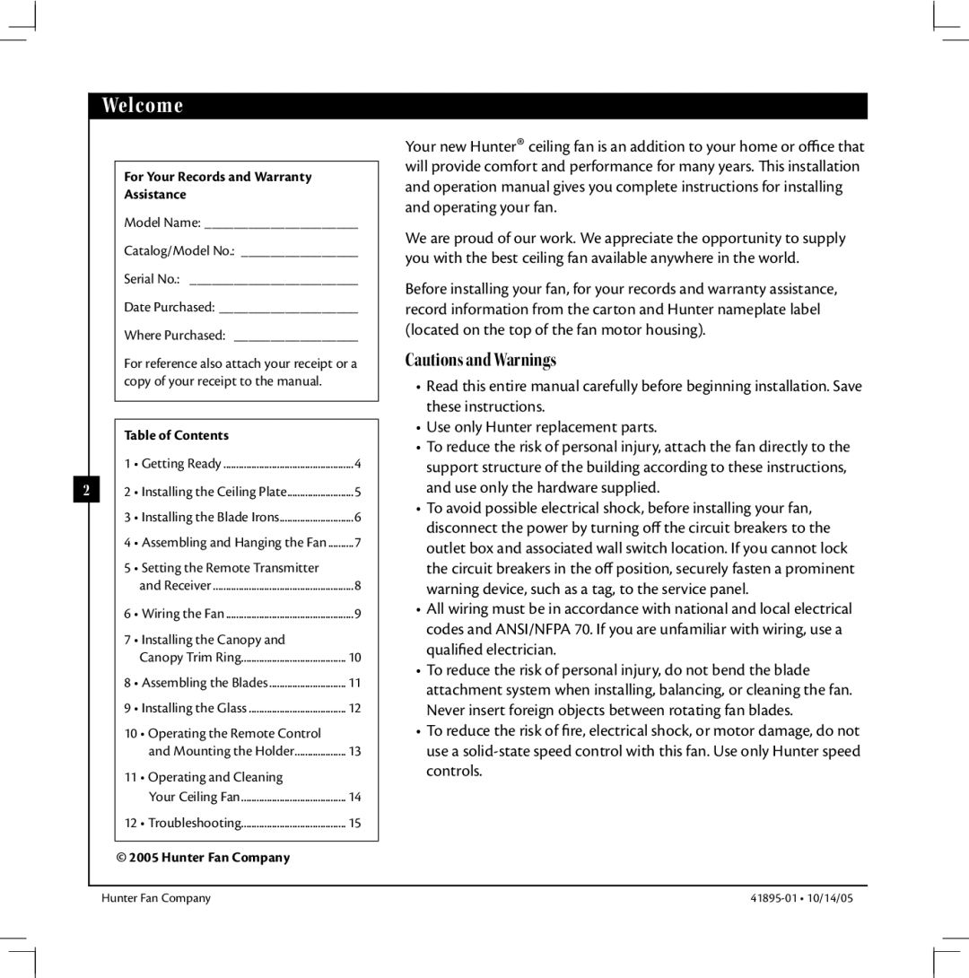 Hunter Fan 41895-01 manual Welcome, For Your Records and Warranty Assistance 
