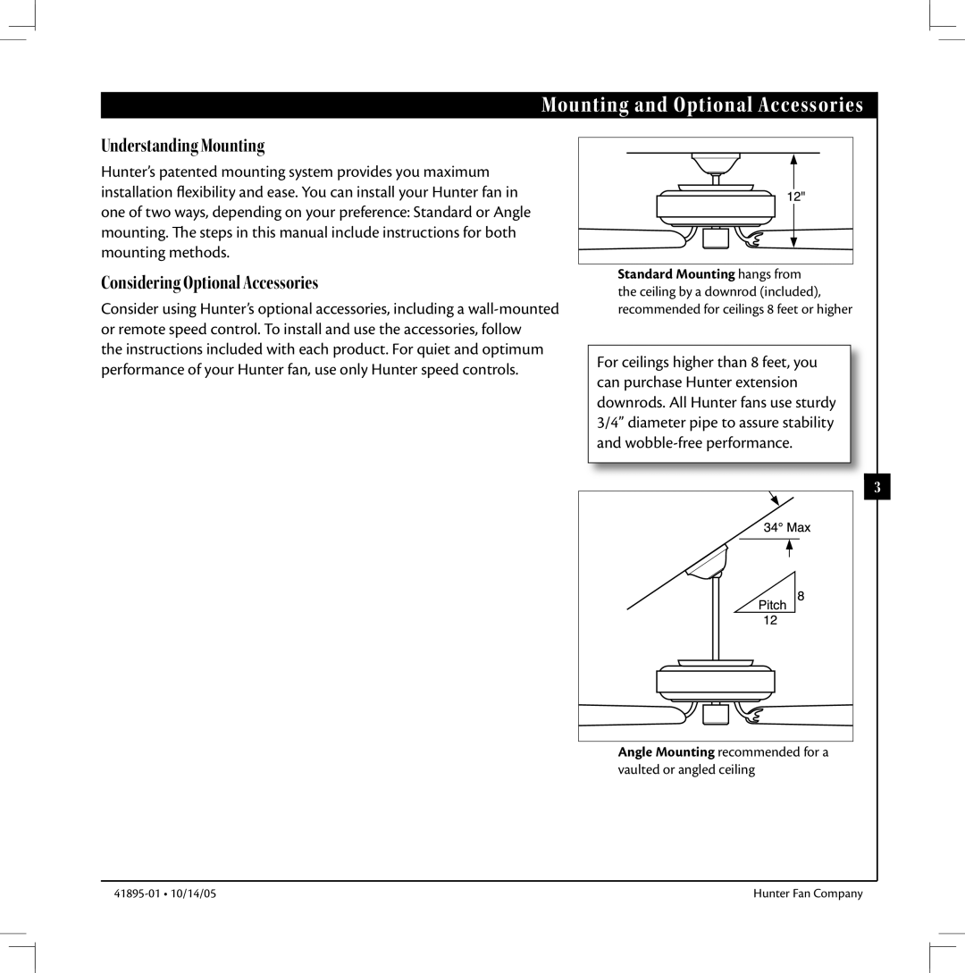 Hunter Fan 41895-01 manual Mounting and Optional Accessories, Understanding Mounting 