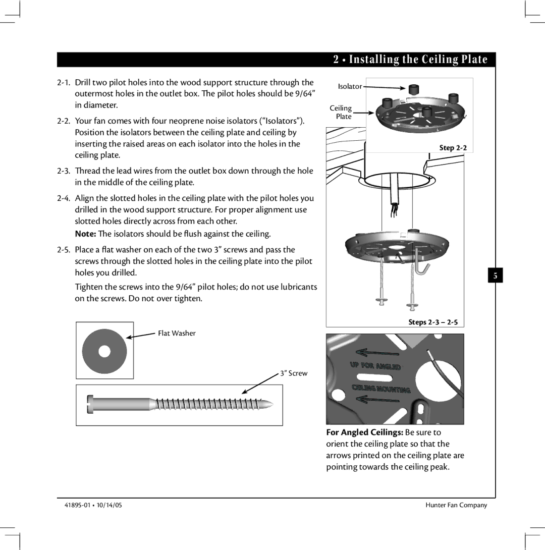 Hunter Fan 41895-01 manual Installing the Ceiling Plate 