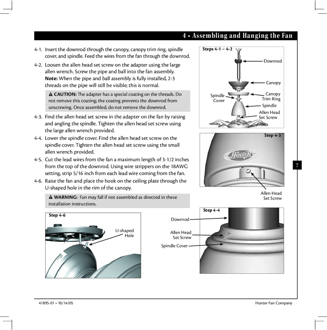 Hunter Fan 41895-01 manual Assembling and Hanging the Fan, Installation instructions 