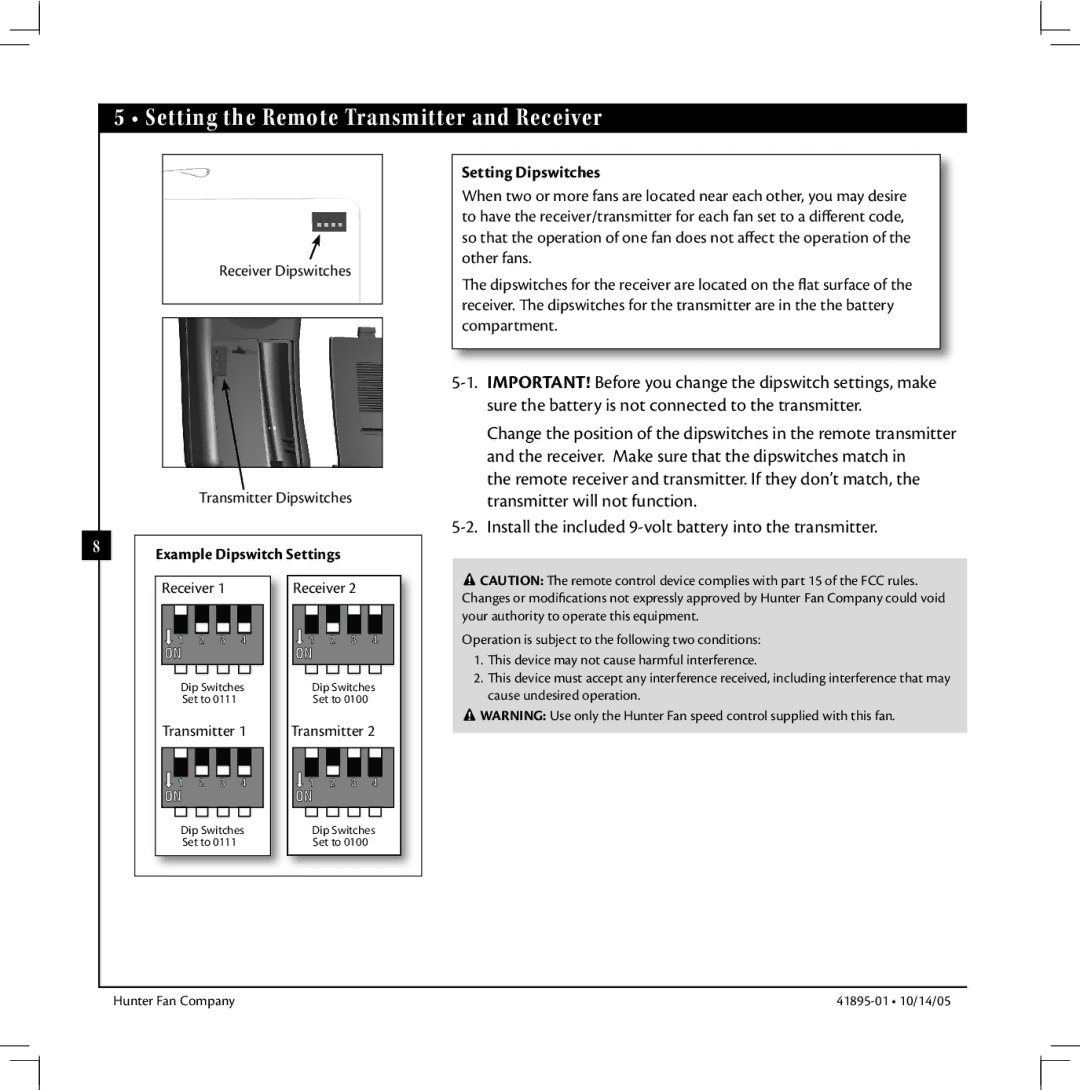 Hunter Fan 41895-01 manual Setting the Remote Transmitter and Receiver, Setting Dipswitches 