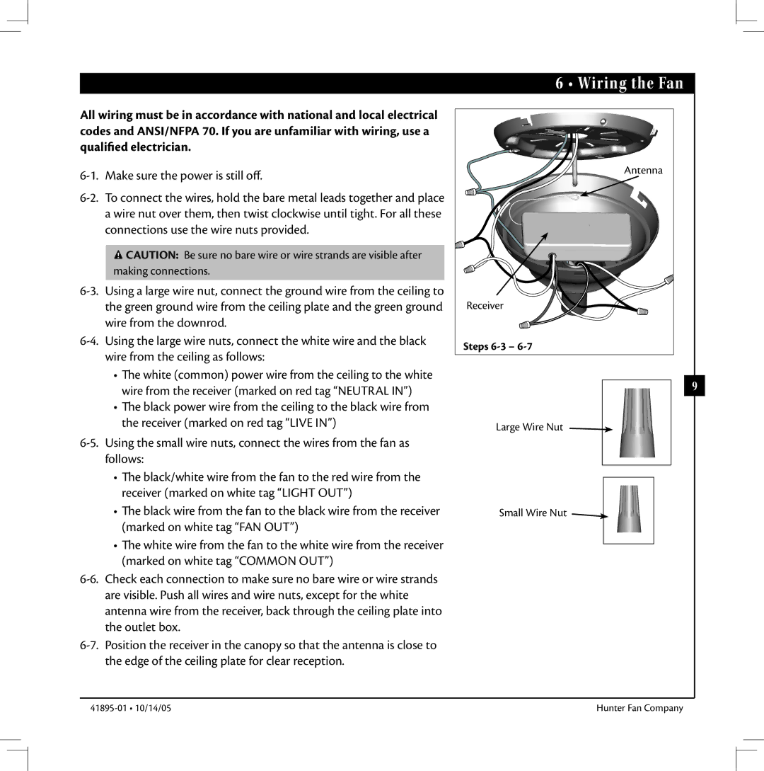 Hunter Fan 41895-01 manual Wiring the Fan 
