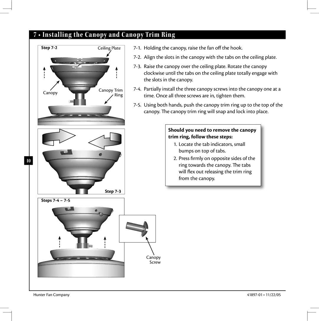 Hunter Fan 41897-01 manual Installing the Canopy and Canopy Trim Ring 