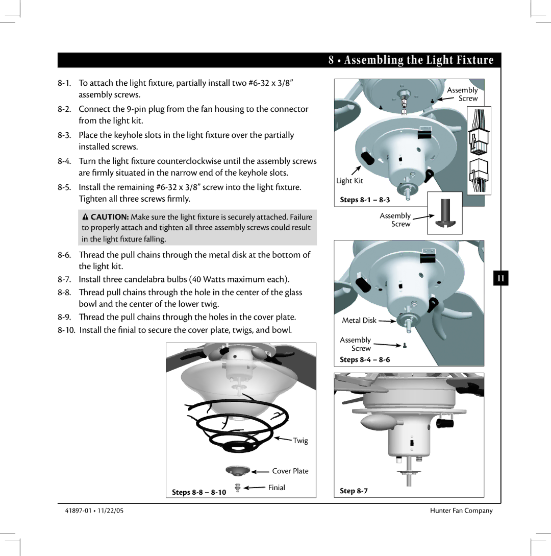 Hunter Fan 41897-01 manual Assembling the Light Fixture 