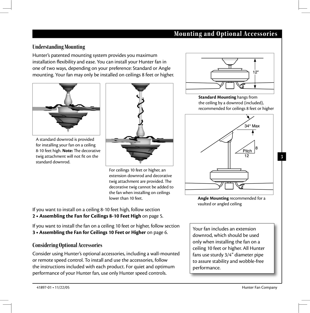 Hunter Fan 41897-01 manual Mounting and Optional Accessories, Assembling the Fan for Ceilings 8-10 Feet High on 