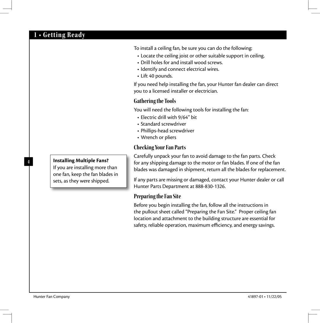 Hunter Fan 41897-01 manual Getting Ready, Installing Multiple Fans? 