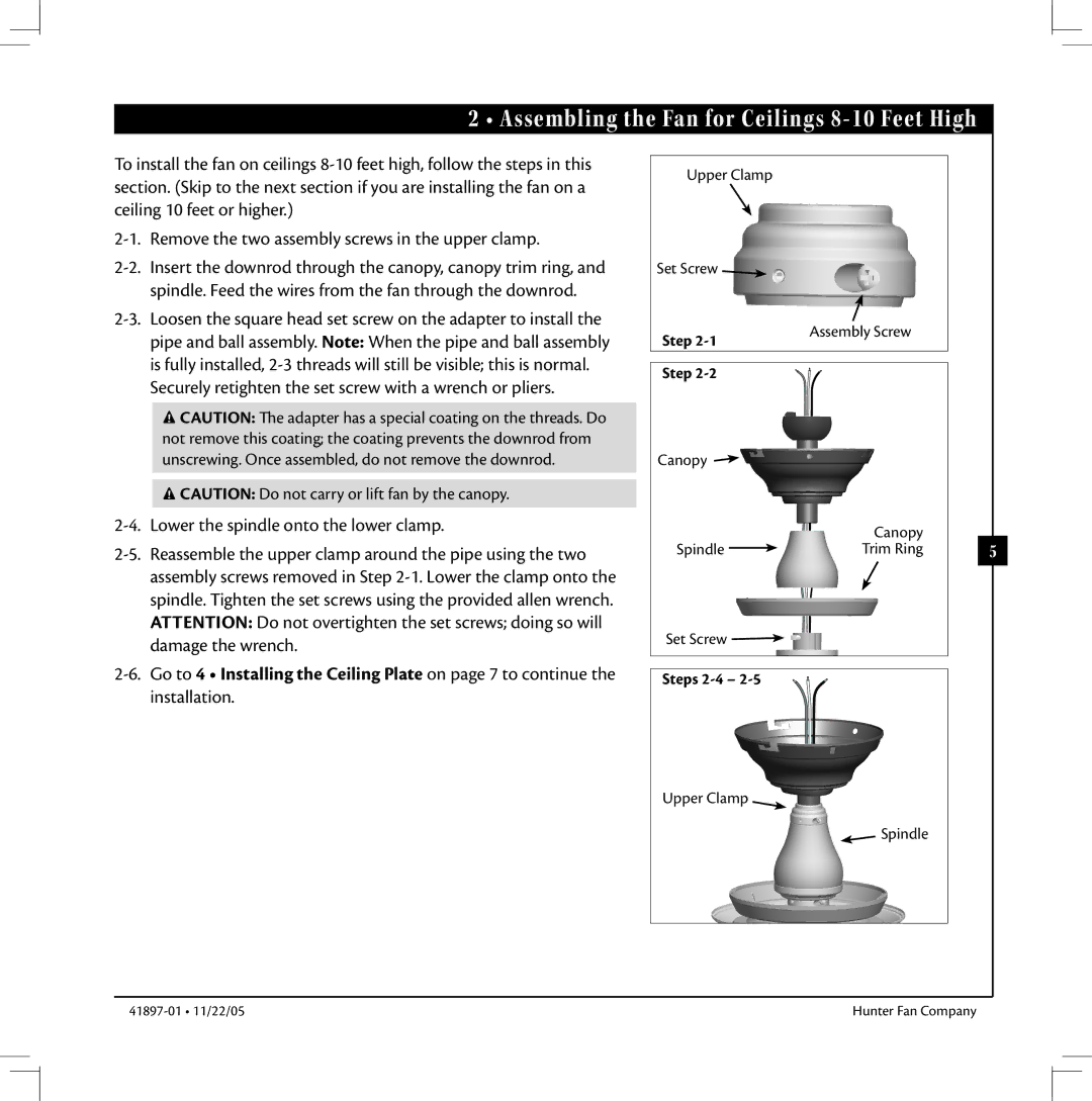 Hunter Fan 41897-01 manual Assembling the Fan for Ceilings 8-10 Feet High 