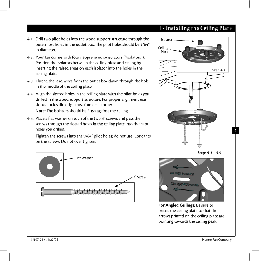 Hunter Fan 41897-01 manual Diameter, Ceiling plate, On the screws. Do not over tighten 