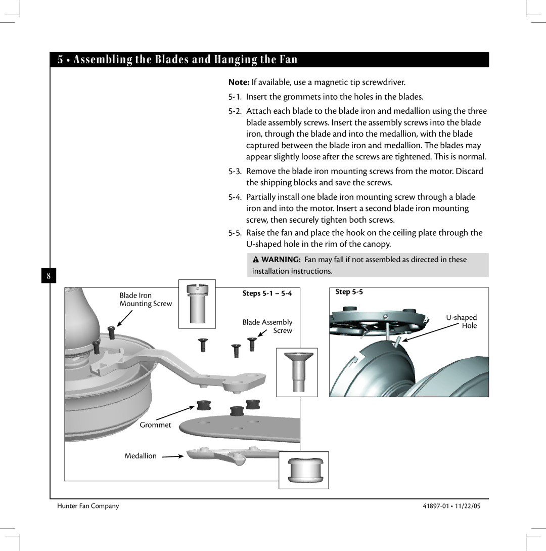 Hunter Fan 41897-01 manual Insert the grommets into the holes in the blades, Shipping blocks and save the screws 