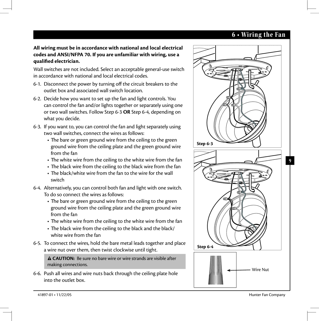 Hunter Fan 41897-01 manual Wiring the Fan 