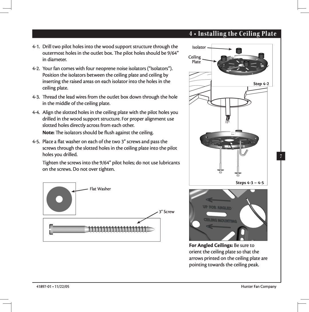 Hunter Fan 41897-01 manual Installing the Ceiling Plate 