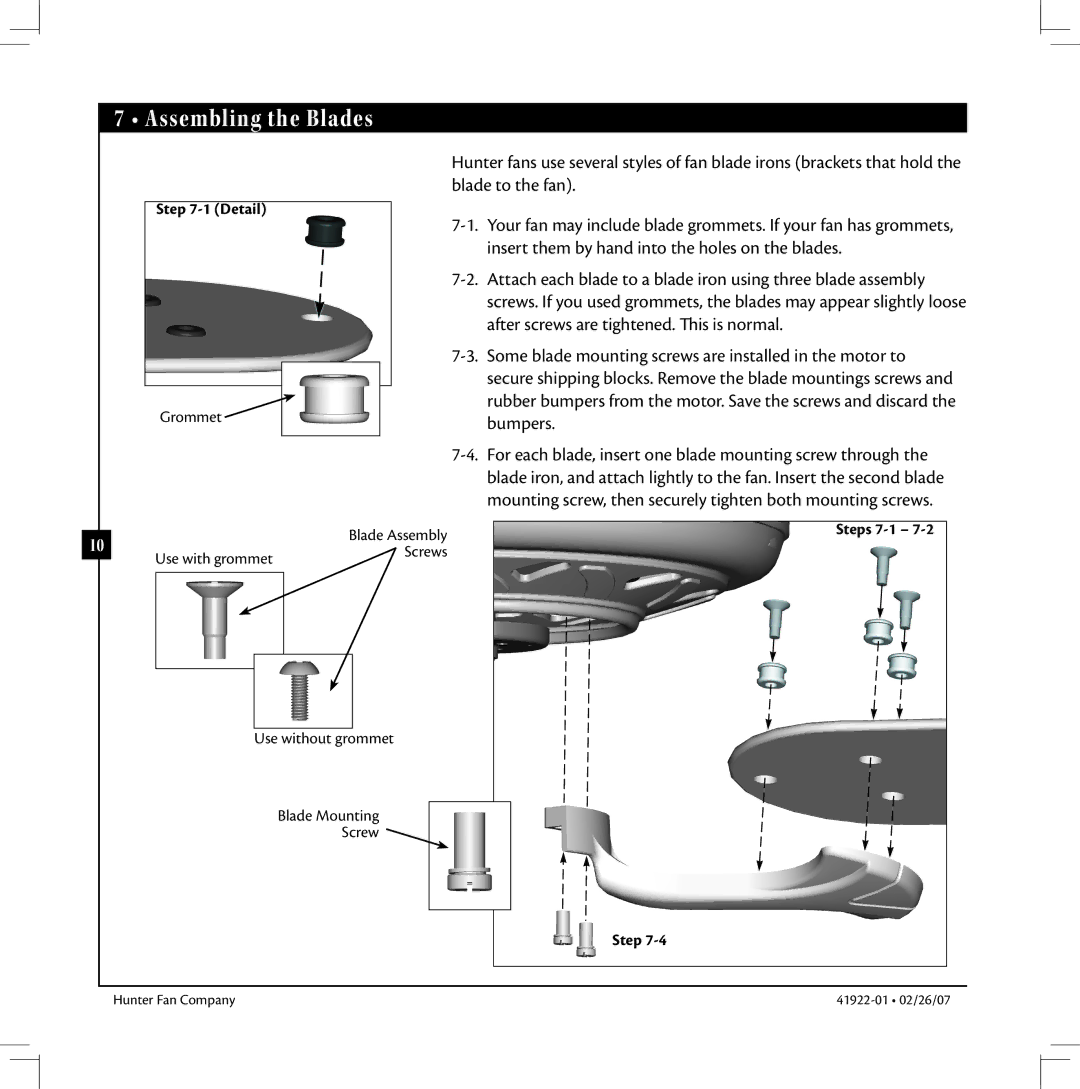 Hunter Fan 41922-01 warranty Assembling the Blades, Detail, Steps 7-1 