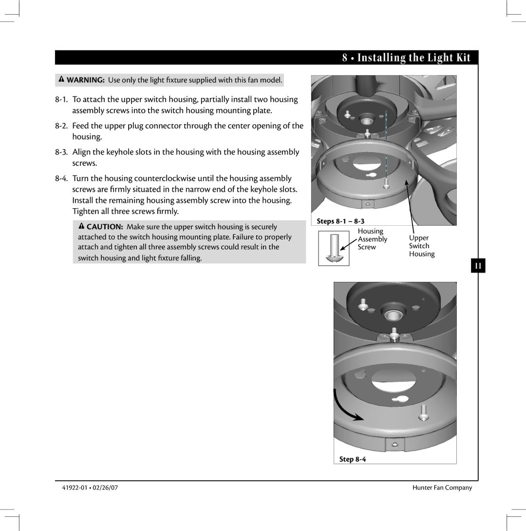 Hunter Fan 41922-01 warranty Installing the Light Kit, Steps 8-1 