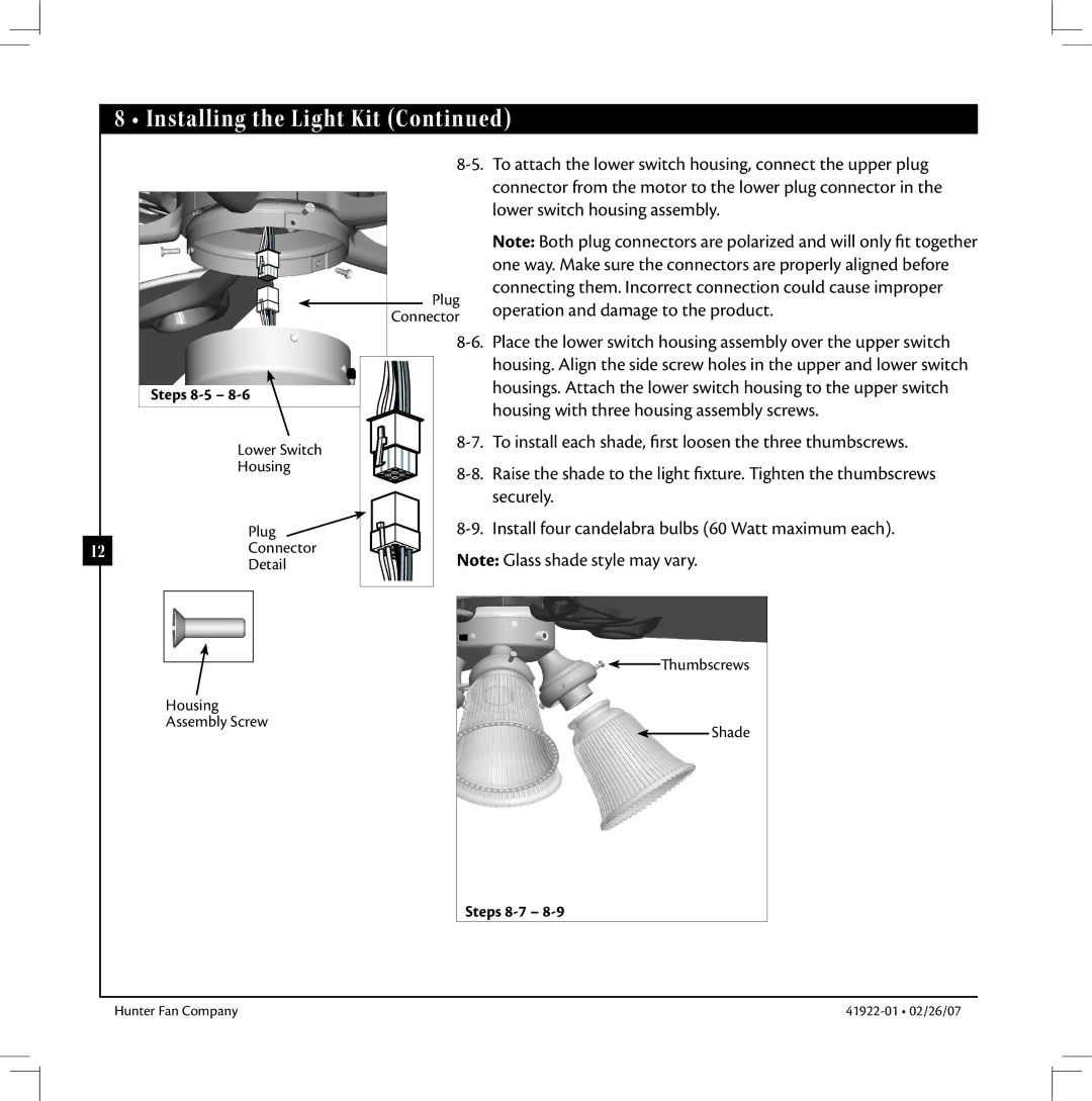 Hunter Fan 41922-01 warranty Steps 8-7 