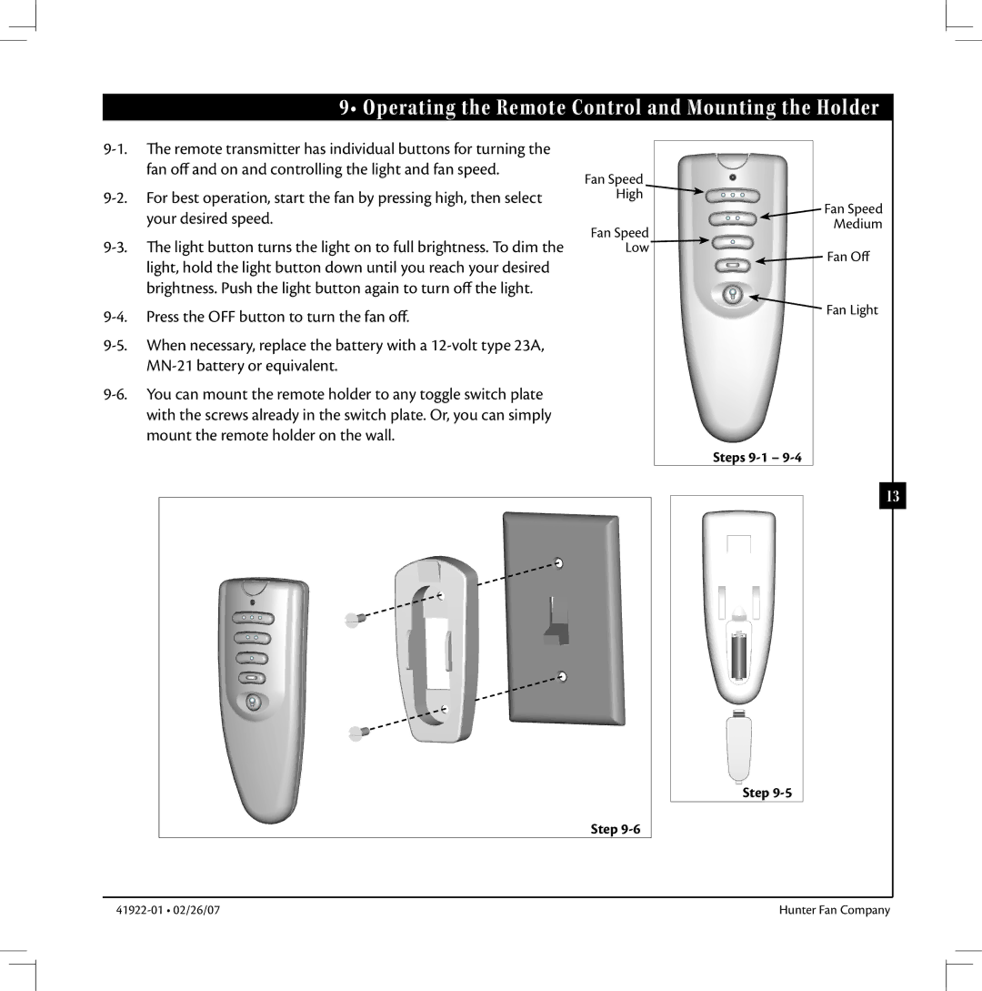 Hunter Fan 41922-01 warranty Operating the Remote Control and Mounting the Holder, Steps 9-1 