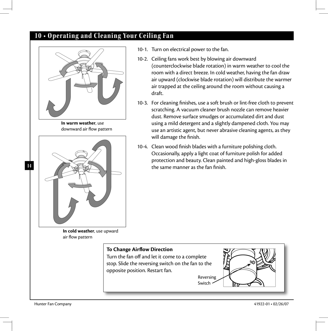 Hunter Fan 41922-01 warranty Operating and Cleaning Your Ceiling Fan, To Change Airflow Direction 