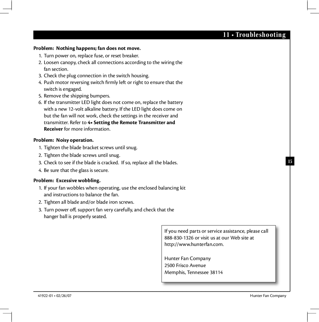 Hunter Fan 41922-01 warranty Troubleshooting, Problem Nothing happens fan does not move, Problem Noisy operation 