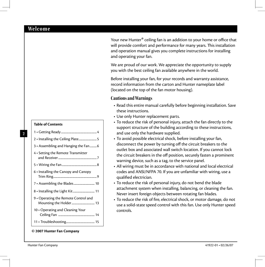 Hunter Fan 41922-01 warranty Welcome, Table of Contents, Hunter Fan Company 