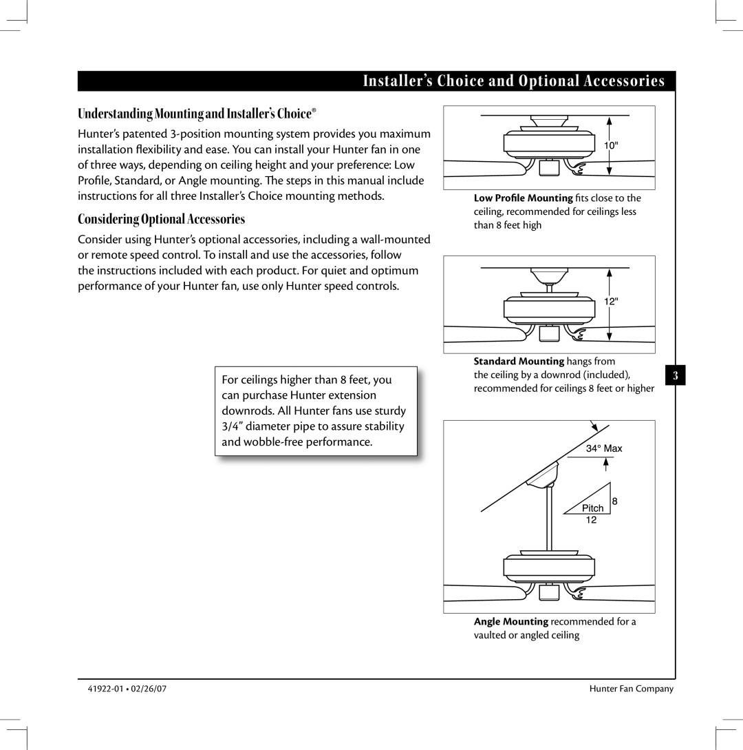 Hunter Fan 41922-01 warranty Installer’s Choice and Optional Accessories, Standard Mounting hangs from 