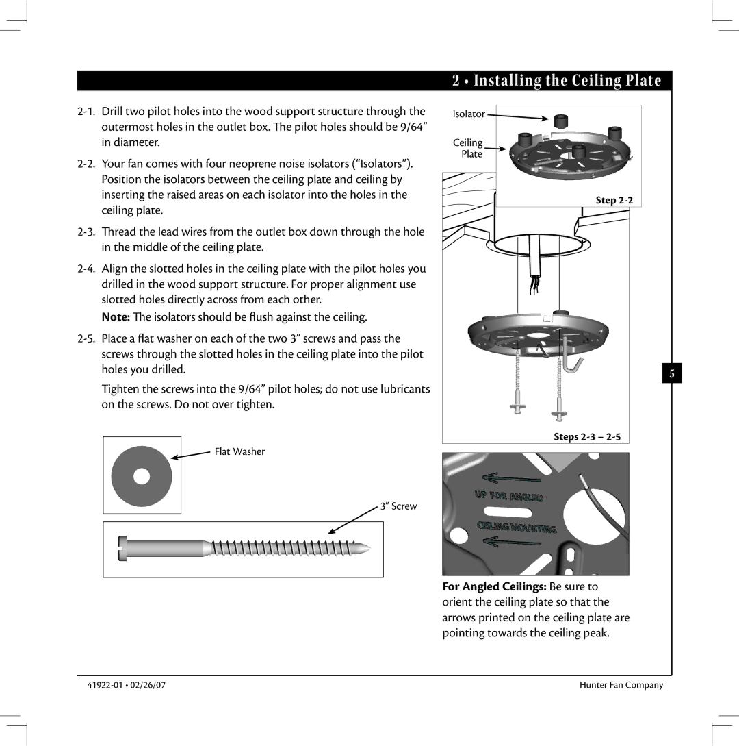 Hunter Fan 41922-01 warranty Installing the Ceiling Plate, Steps 2-3 