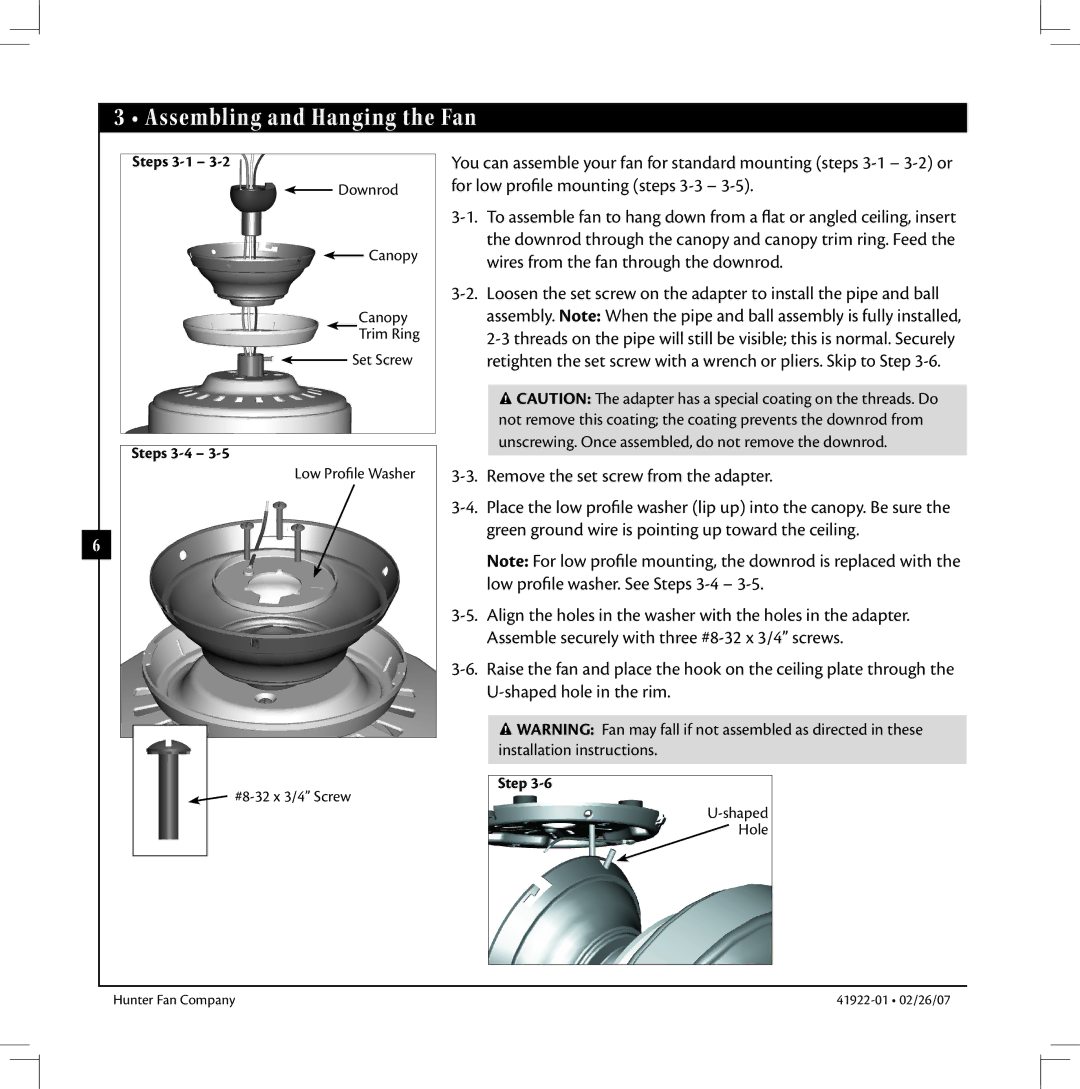 Hunter Fan 41922-01 warranty Assembling and Hanging the Fan, Steps 3-1, Steps 3-4 