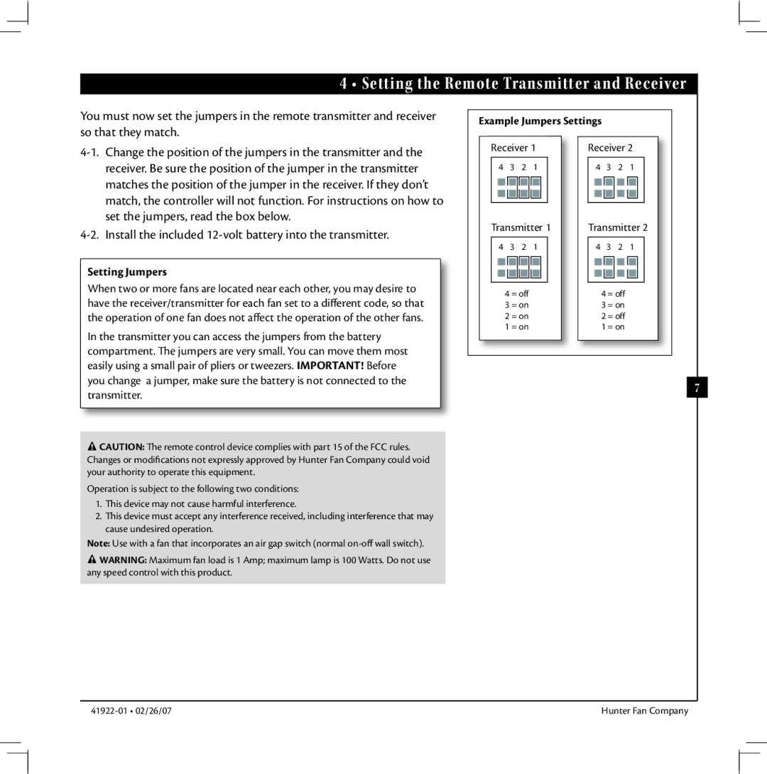 Hunter Fan 41922-01 warranty Setting the Remote Transmitter and Receiver, Example Jumpers Settings 