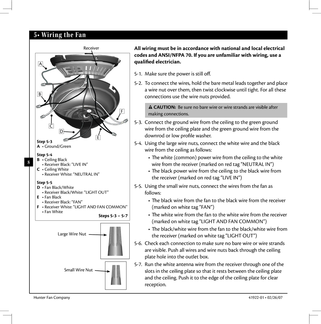 Hunter Fan 41922-01 warranty Wiring the Fan, Steps 5-3 