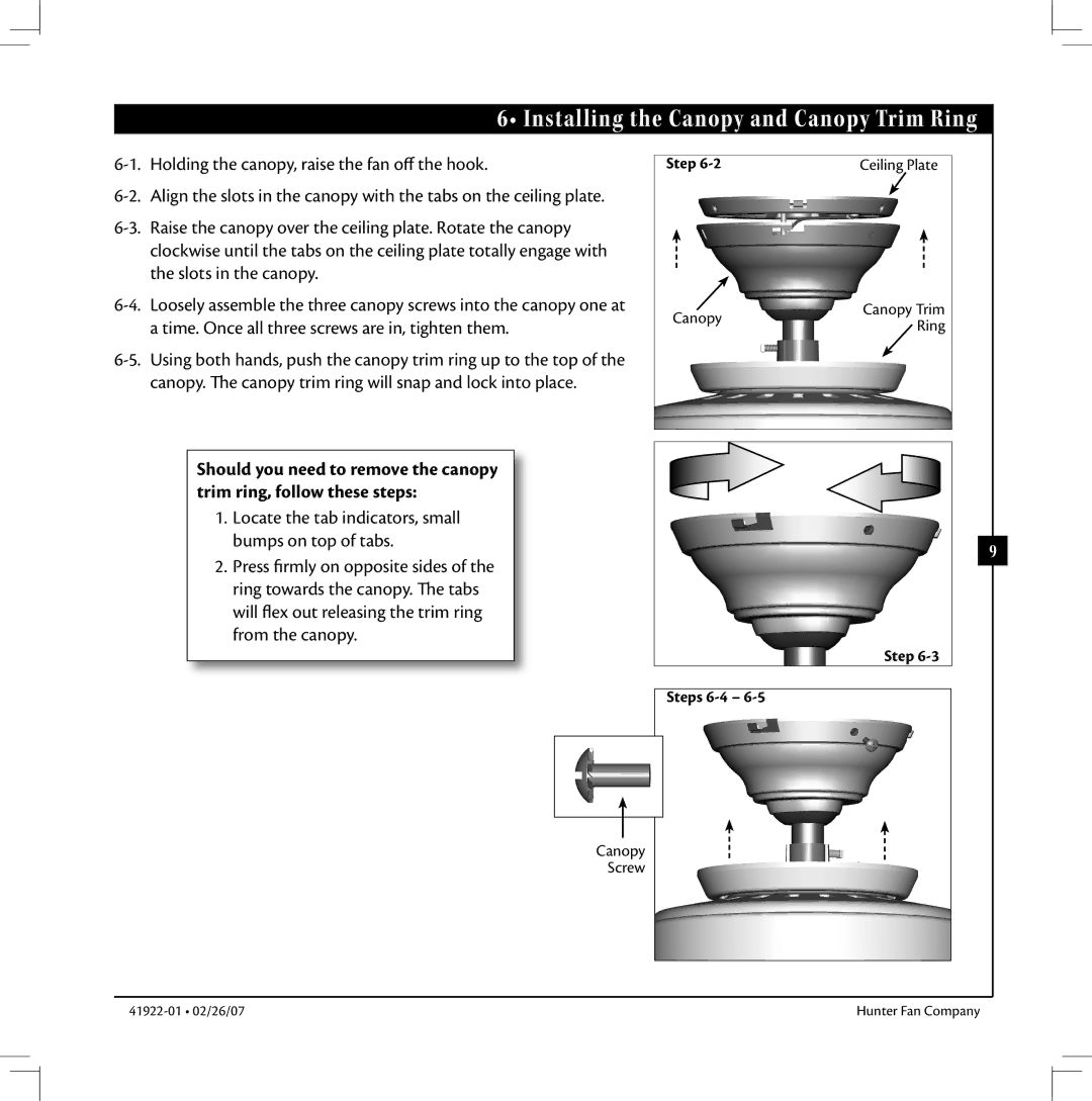 Hunter Fan 41922-01 warranty Installing the Canopy and Canopy Trim Ring, Step Steps 6-4 