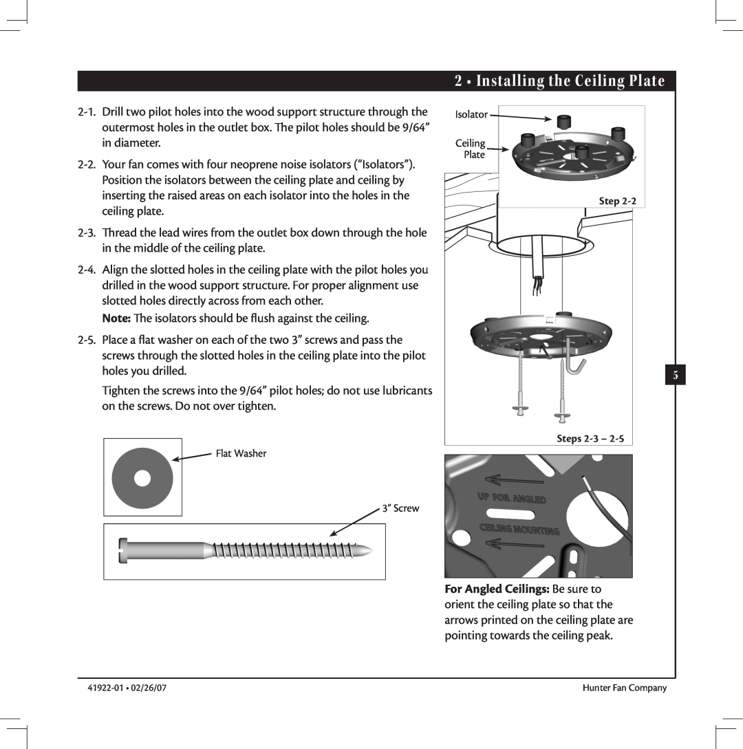 Hunter Fan 41922-01 warranty Installing the Ceiling Plate, Steps 