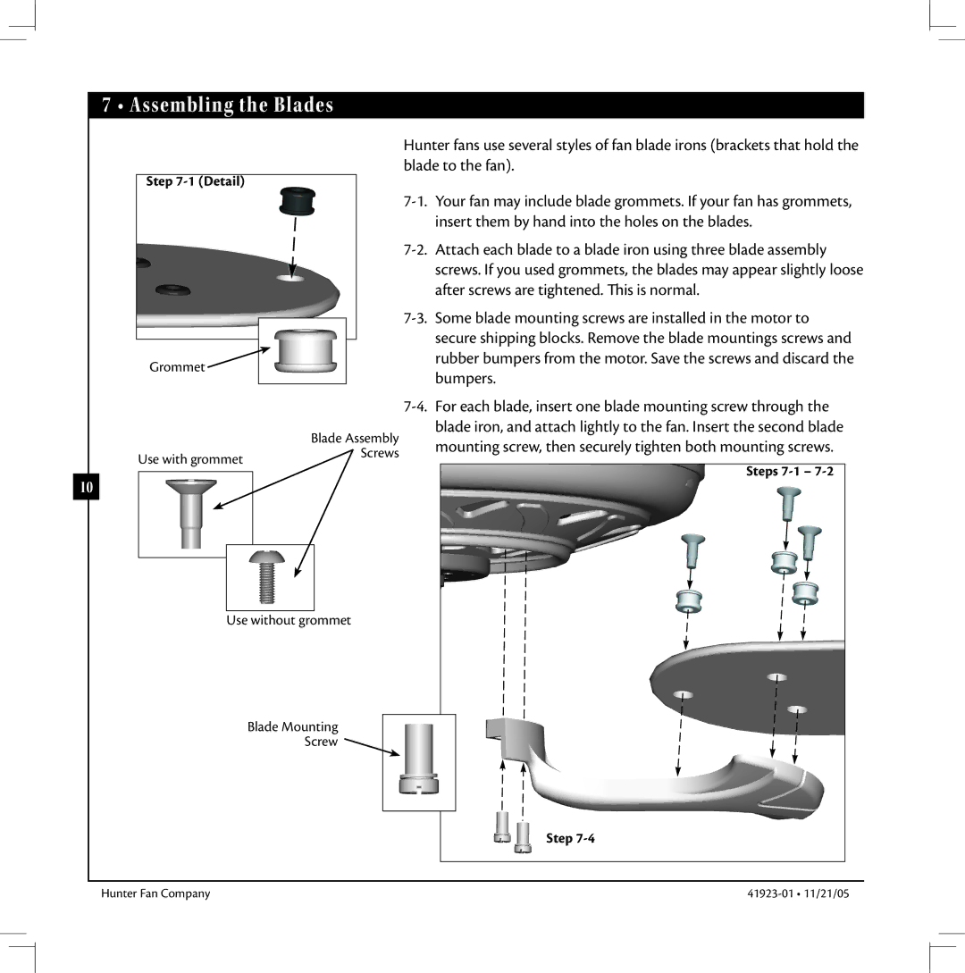 Hunter Fan 41923 warranty Assembling the Blades, Detail, Steps 7-1 