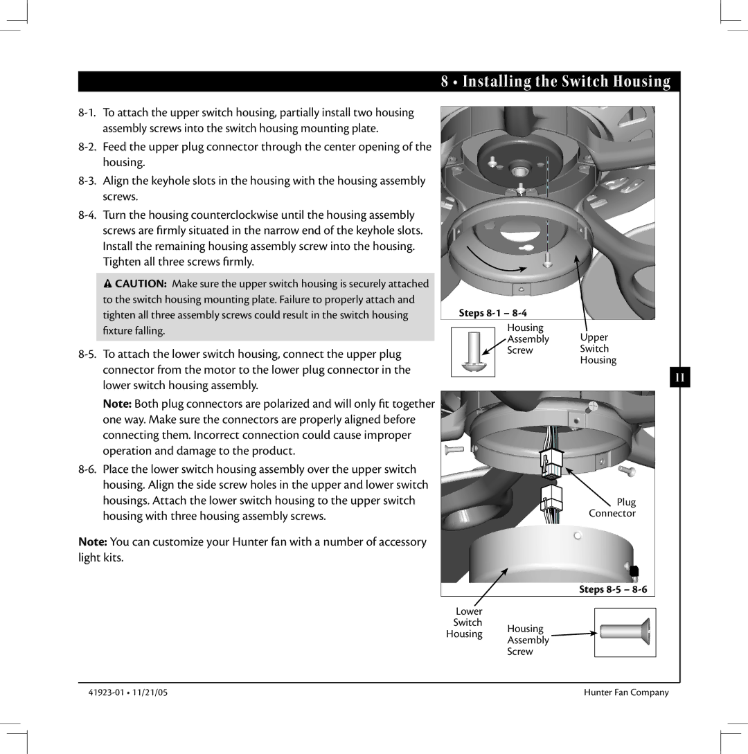 Hunter Fan 41923 warranty Installing the Switch Housing, Steps 8-1, Steps 8-5 