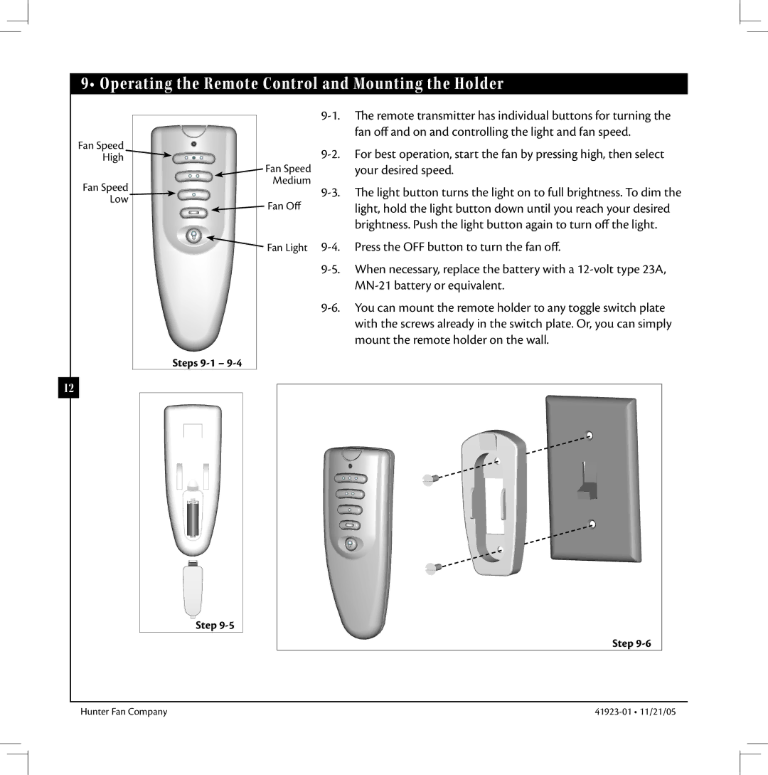 Hunter Fan 41923 warranty Operating the Remote Control and Mounting the Holder, Steps 9-1 