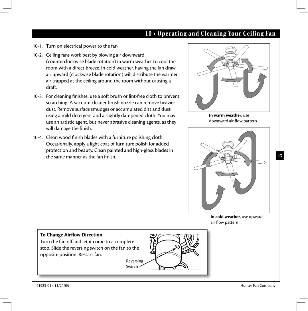Hunter Fan 41923 warranty Operating and Cleaning Your Ceiling Fan, To Change Airflow Direction 