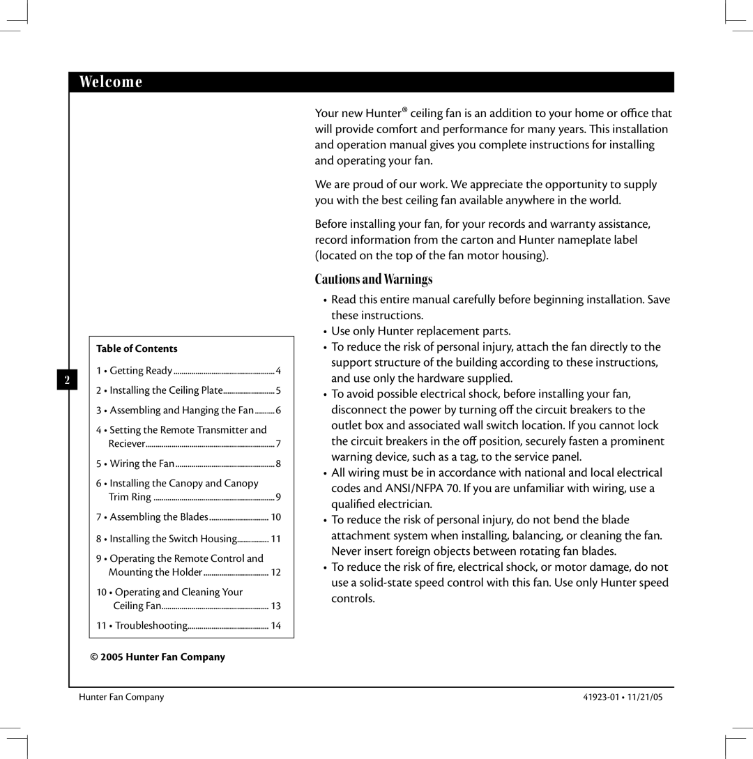 Hunter Fan 41923 warranty Welcome, Table of Contents, Hunter Fan Company 