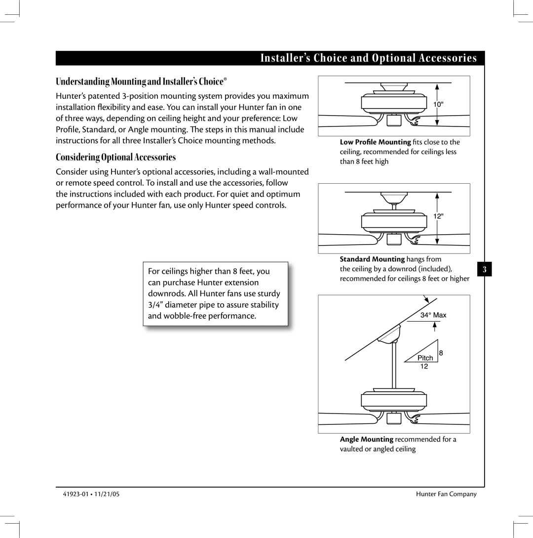 Hunter Fan 41923 warranty Installer’s Choice and Optional Accessories, Standard Mounting hangs from 