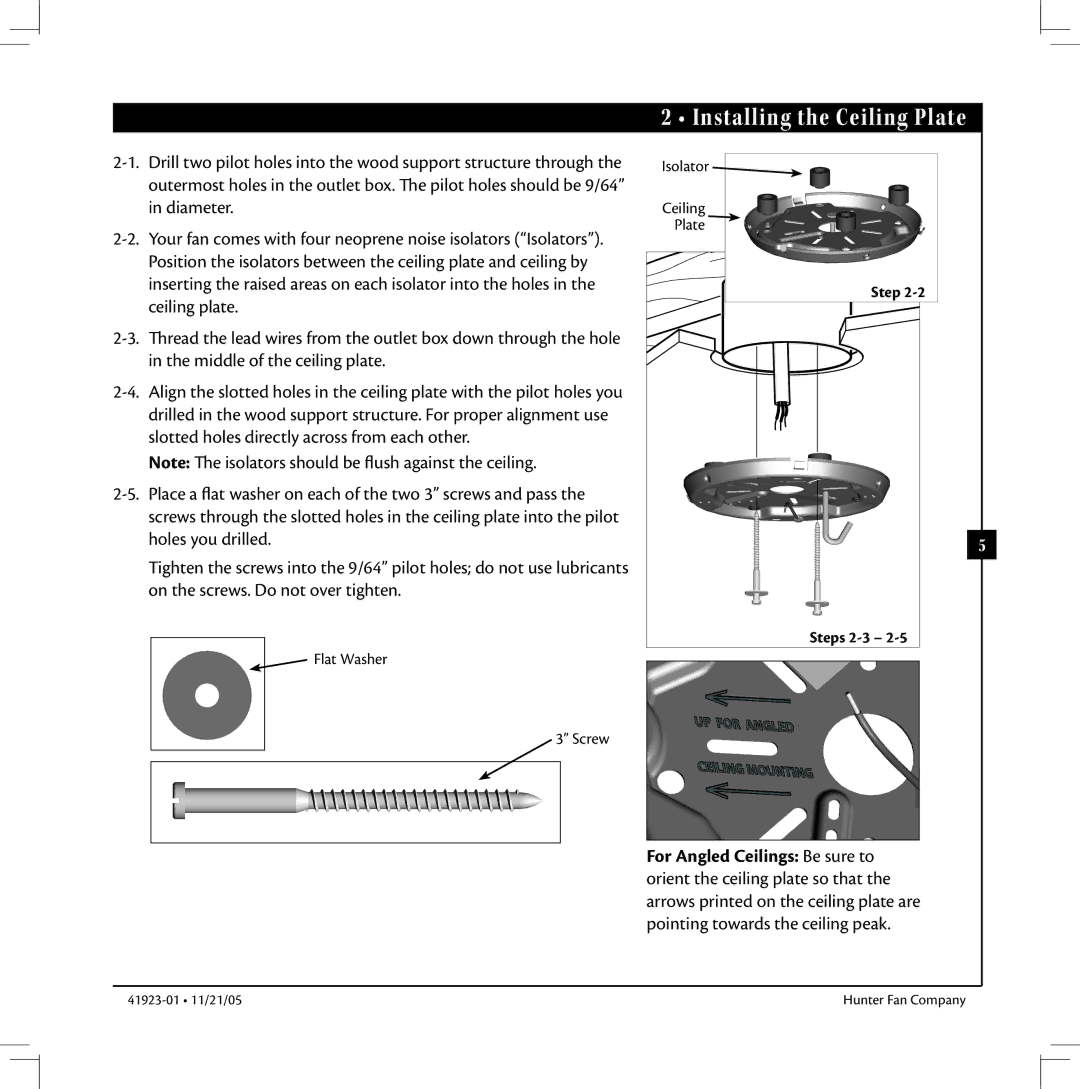 Hunter Fan 41923 warranty Installing the Ceiling Plate, Steps 2-3 