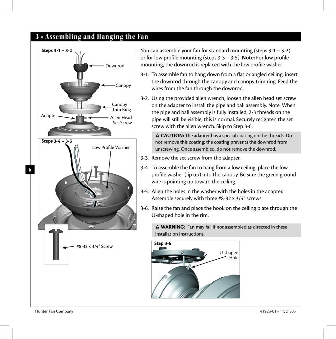 Hunter Fan 41923 warranty Assembling and Hanging the Fan, Steps 3-1, Steps 3-4 