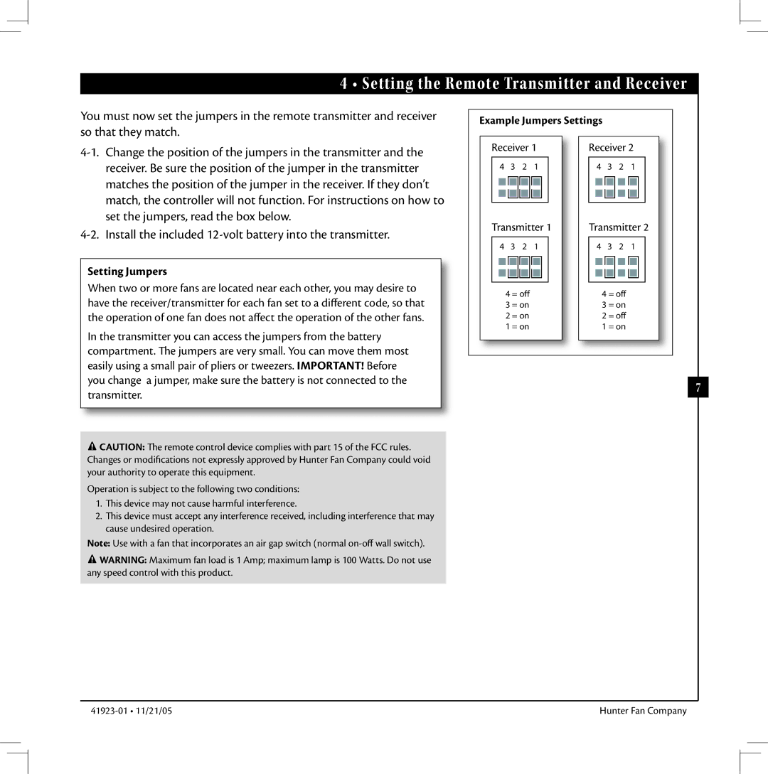 Hunter Fan 41923 warranty Setting the Remote Transmitter and Receiver, Example Jumpers Settings 