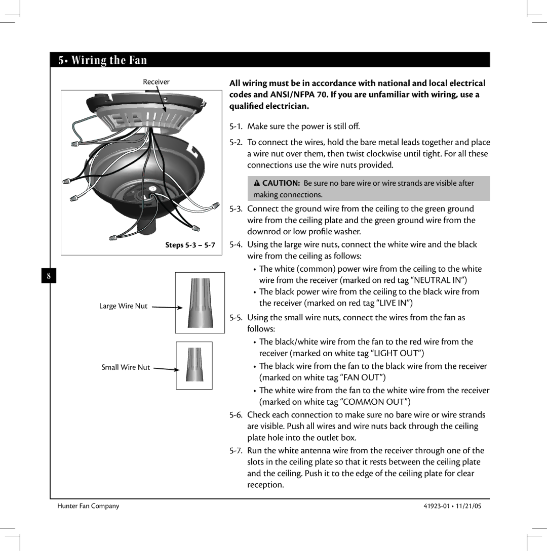 Hunter Fan 41923 warranty Wiring the Fan, Steps 5-3 