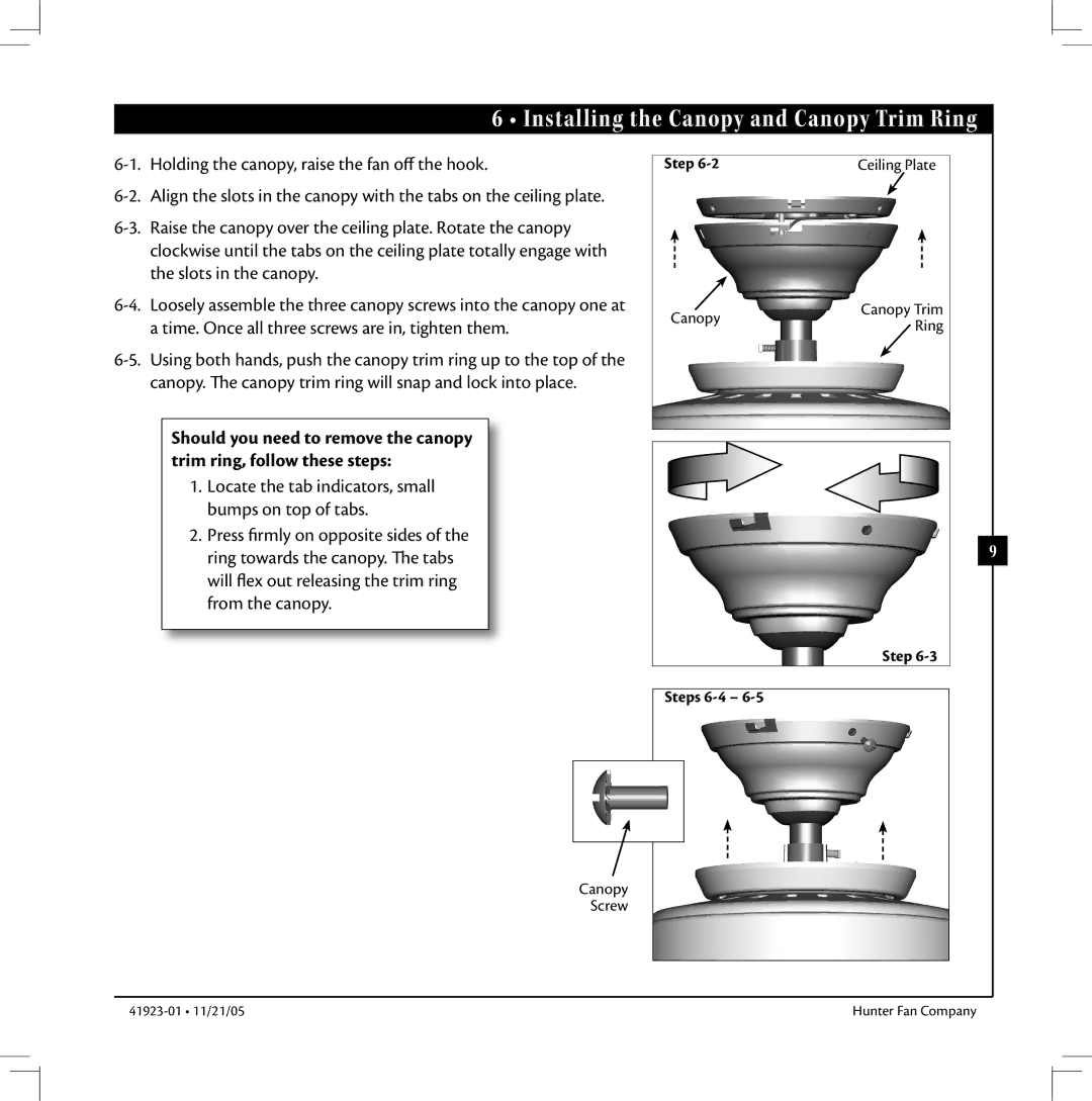 Hunter Fan 41923 warranty Installing the Canopy and Canopy Trim Ring, Step Steps 6-4 