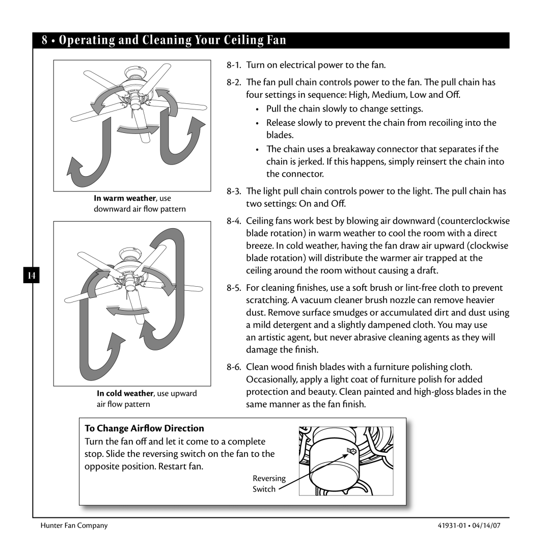 Hunter Fan 41931-01 warranty Operating and Cleaning Your Ceiling Fan, To Change Airflow Direction 