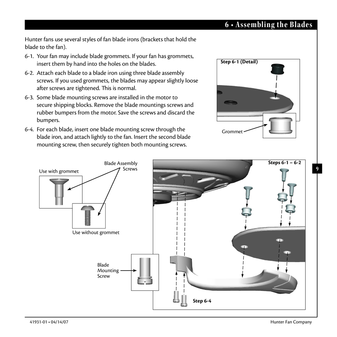 Hunter Fan 41931-01 warranty Assembling the Blades, Detail, Blade Assembly Steps 6-1 Use with grommet Screws 