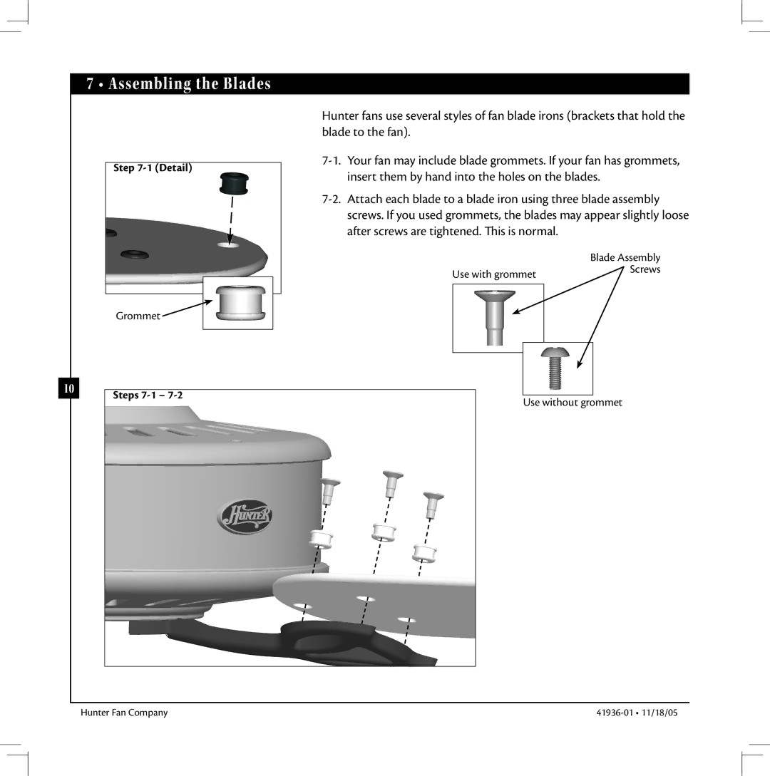 Hunter Fan 41936-01 warranty Assembling the Blades 