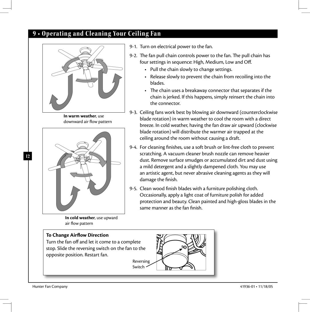 Hunter Fan 41936-01 warranty Operating and Cleaning Your Ceiling Fan, To Change Airflow Direction 