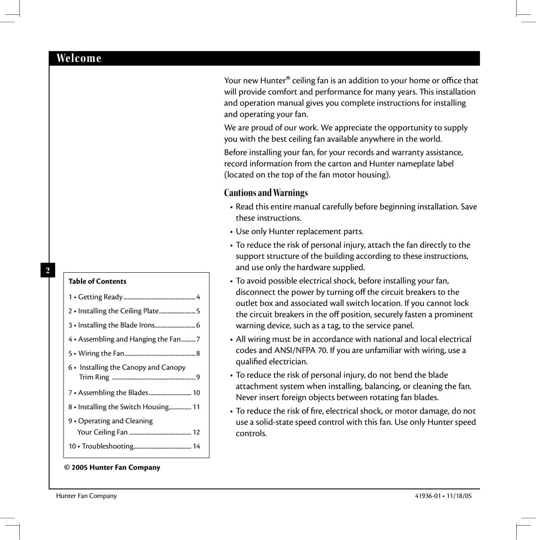 Hunter Fan 41936-01 warranty Welcome, Table of Contents 