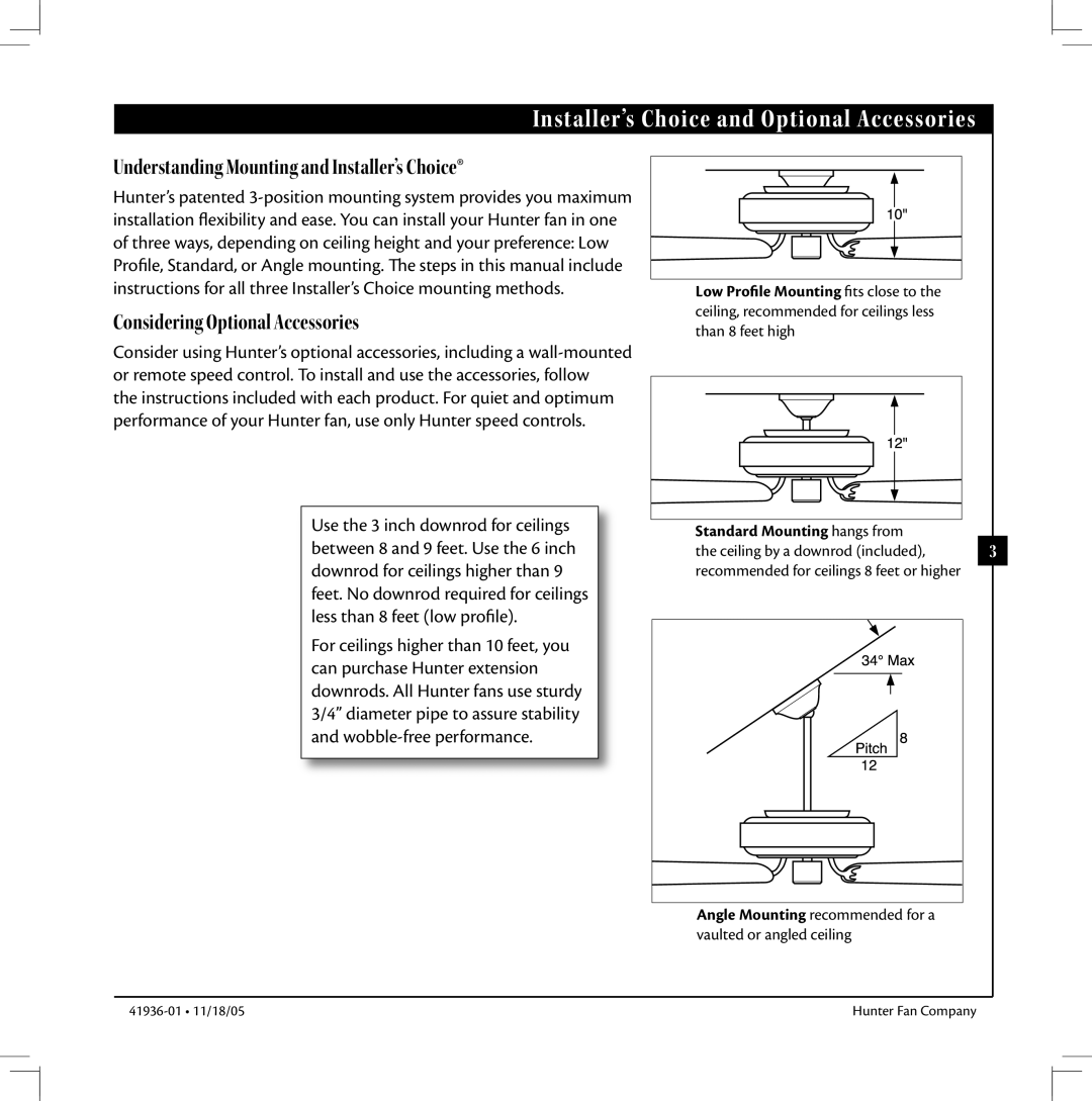 Hunter Fan 41936-01 warranty Installer’s Choice and Optional Accessories, Understanding Mounting and Installer’s Choice 