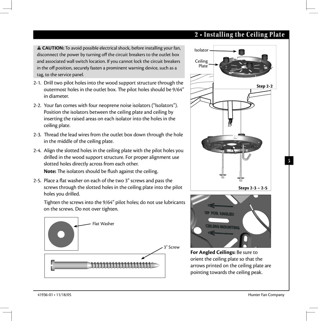 Hunter Fan 41936-01 warranty Installing the Ceiling Plate 