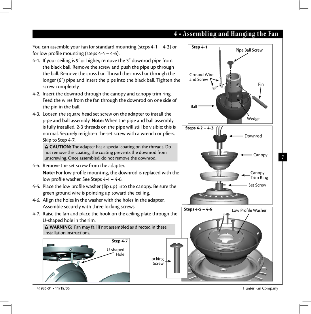 Hunter Fan 41936-01 warranty Assembling and Hanging the Fan 