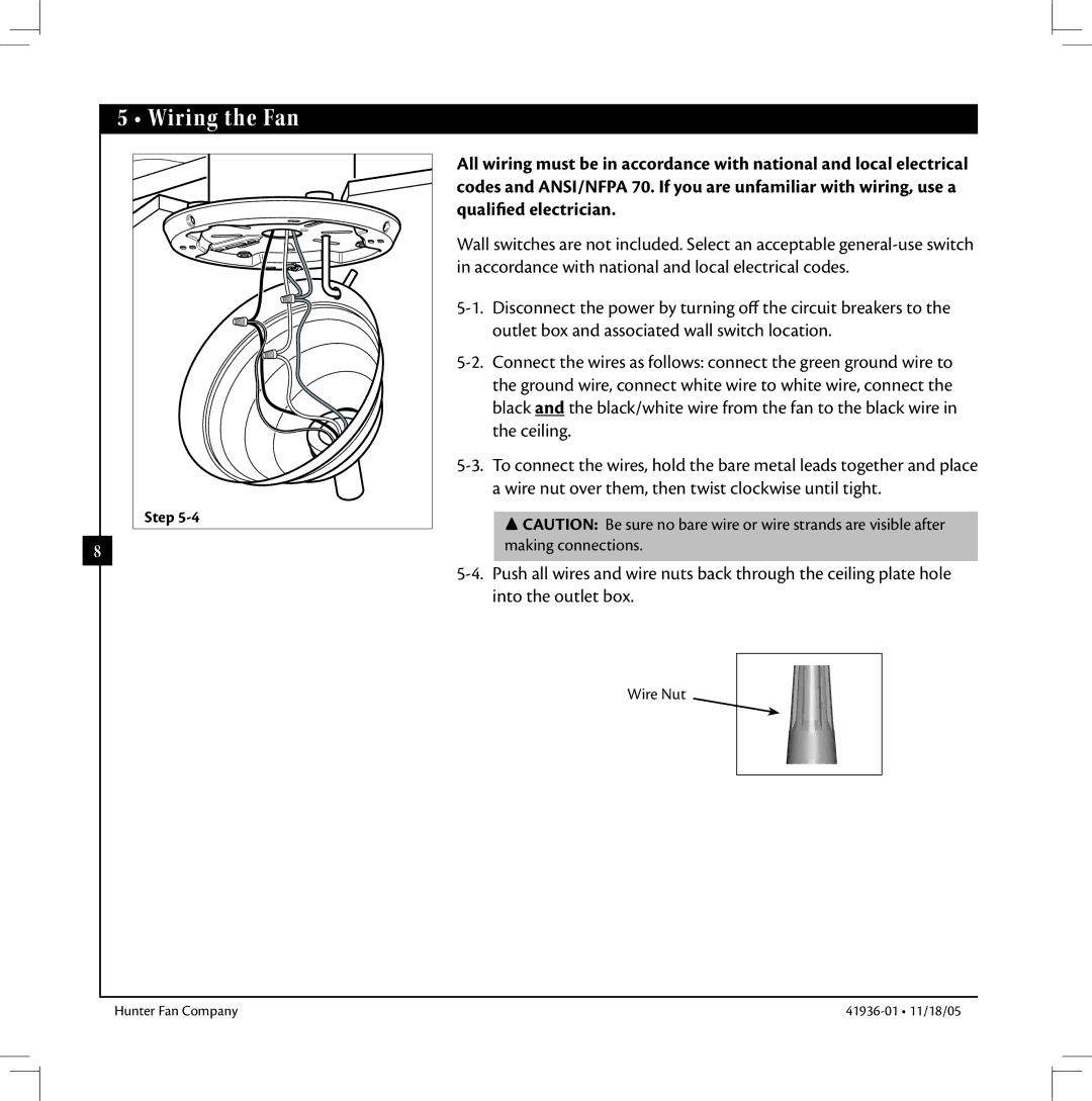 Hunter Fan 41936-01 warranty Wiring the Fan 