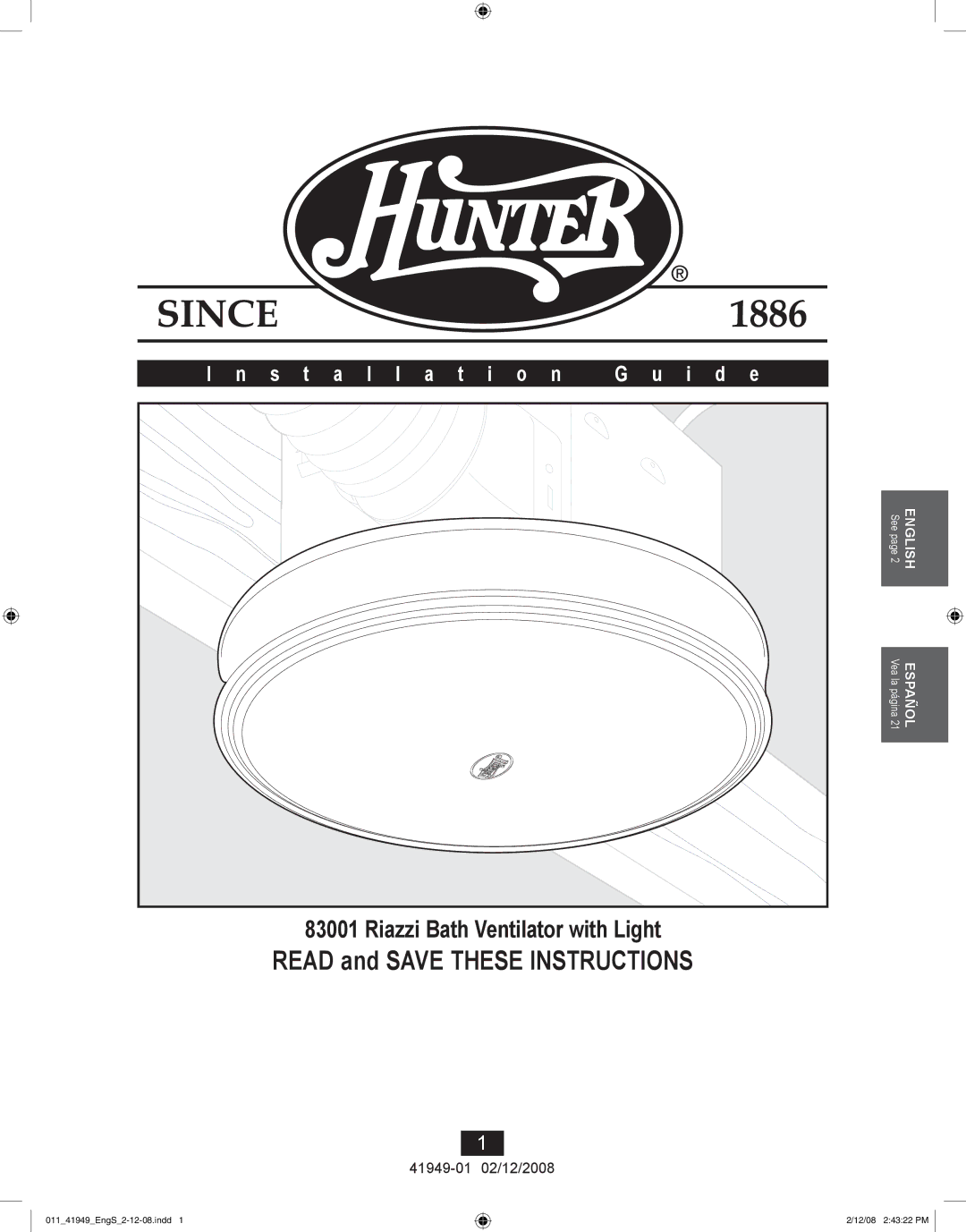 Hunter Fan 41949-01 manual Installation I d e 